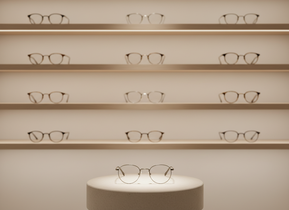 An optician's display wall with one pair of frames spotlit in focus